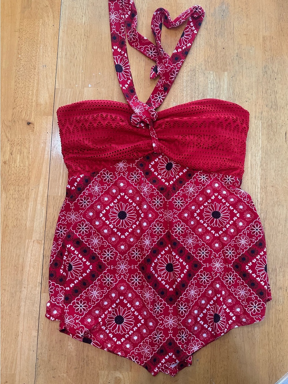 No Boundaries Red Bandana-Print Halter Bodysuit